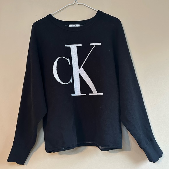 Calvin Klein CK Monogram Logo Dolman Sleeve Cropped Sweater Cotton Black/White - Picture 6 of 12